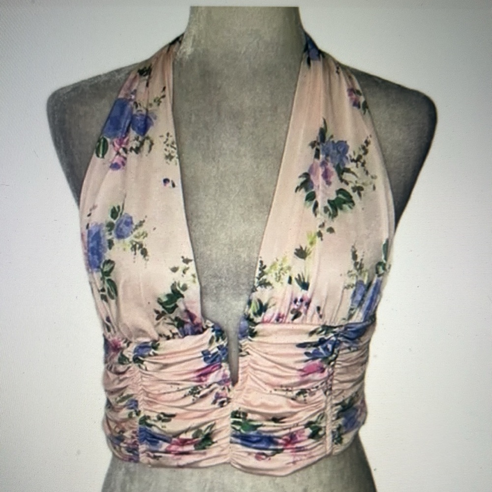 Zara Pink Floral Silky Rouched Halter Crop Top